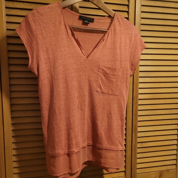 Sanctuary Pinkish Red Linen Blend Tee with Front Pocket - Picture 1 of 6